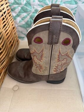 Laredo Brown and Beige Kids Western Boots with Pink Accent